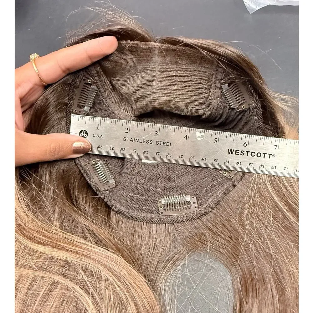 Human Hair Topper 18in Brown Blonde Highlights Clip In Hairpiece NEW